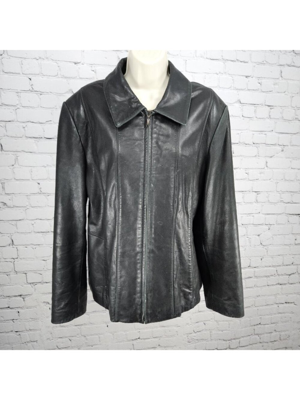 Nautica Black Leather Point Collared Pockets Full Zip Lined Classic Jacket XL